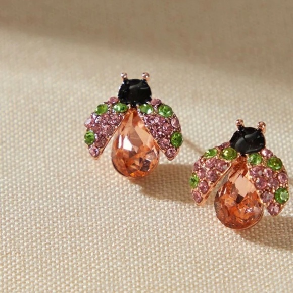Quiet Luxury Boutique Jewelry - ✨NEW Elegant Ladybug Hypoallergenic Earrings with Pink and Green Crystals
